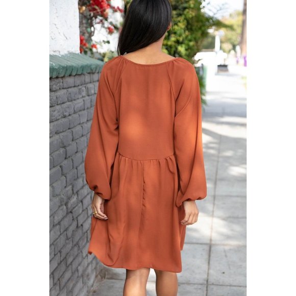 Rust Crepe V Neck Raglan Babydoll Dress - Picture 12 of 12